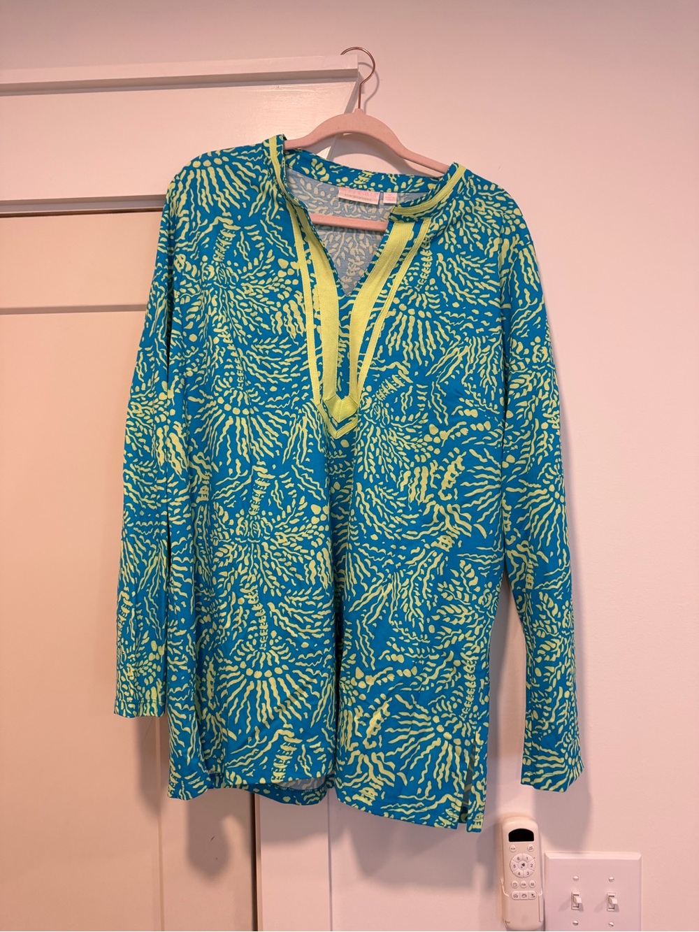 Ellisons by Kim Gravel Vibrant Teal & Lime Printed Tunic Sz XL